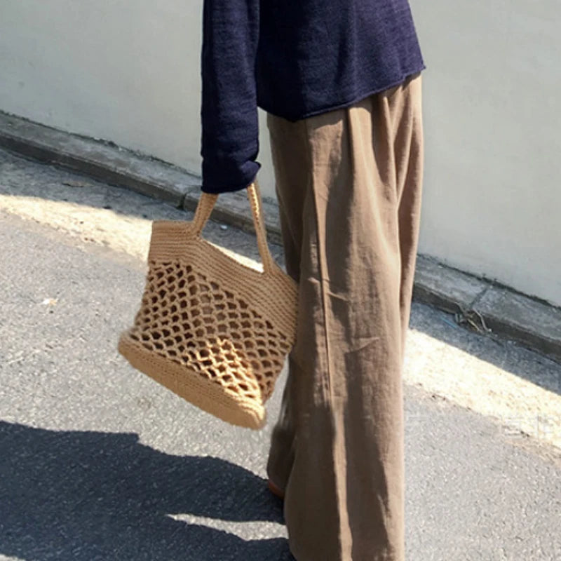 Straw Beach Shoulder Tote Handbag Hollow Out Shopping Bag