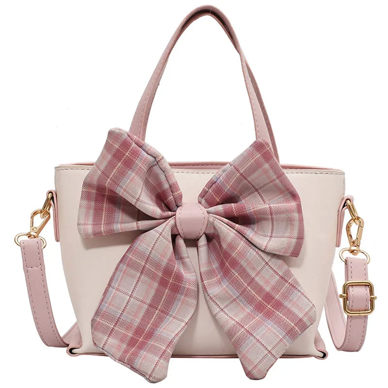 Lattice Bow Handbag Women's Solid Pu Bucket High Woman Messenger Bag
