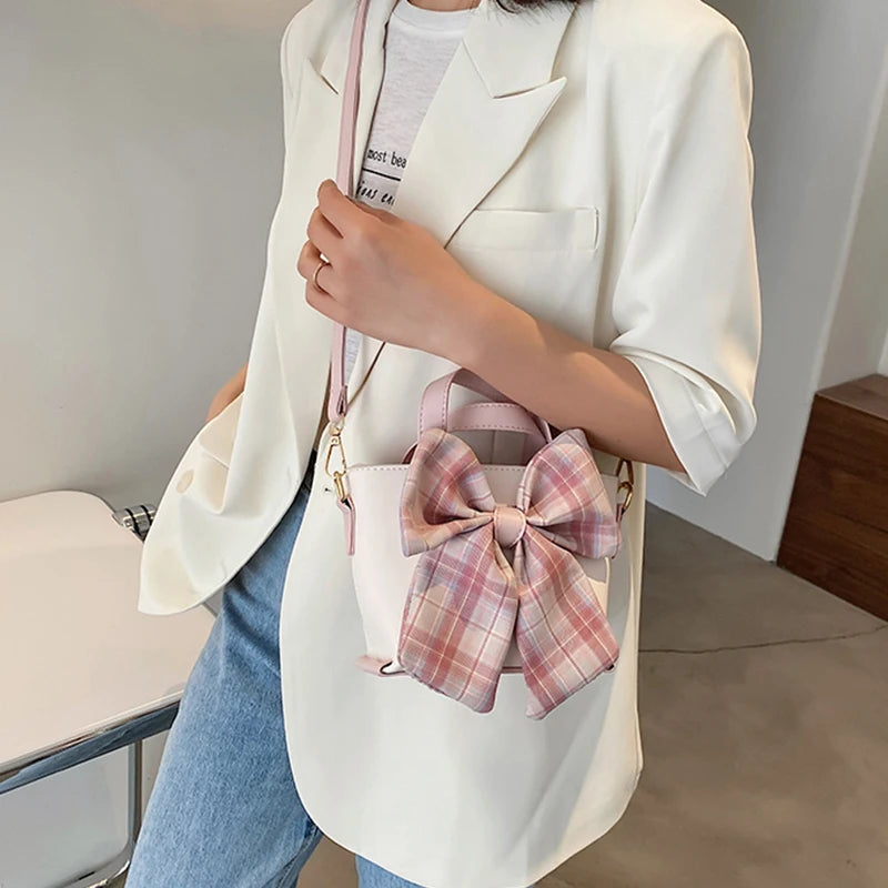 Lattice Bow Handbag Women's Solid Pu Bucket High Woman Messenger Bag