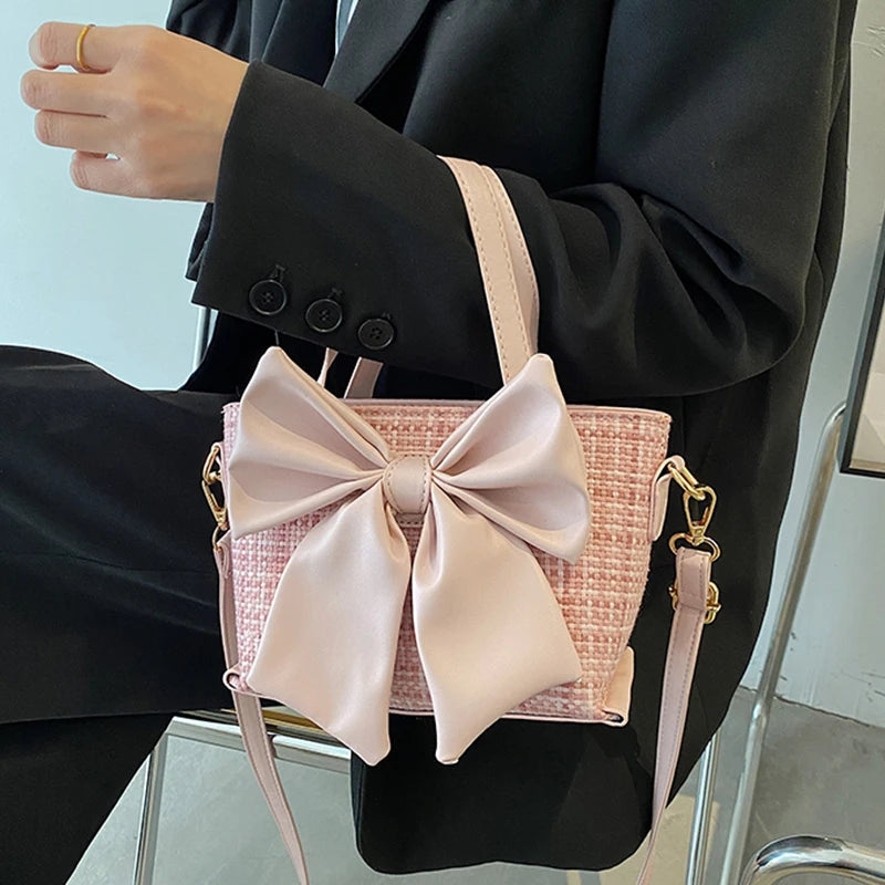Lattice Bow Handbag Women's Solid Pu Bucket High Woman Messenger Bag