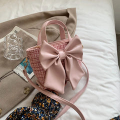 Lattice Bow Handbag Women's Solid Pu Bucket High Woman Messenger Bag
