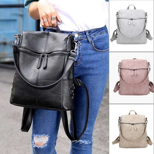 Waterproof PU Leather Backpack Women Zipper Casual Shoulder Bag