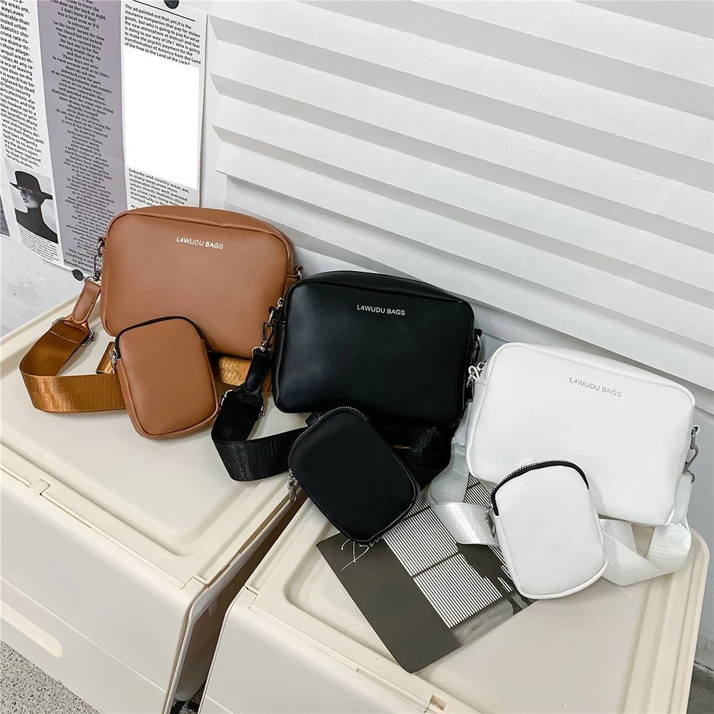 Leather Crossbody Bags Camera Headphone Pouch Solid Wide Strap