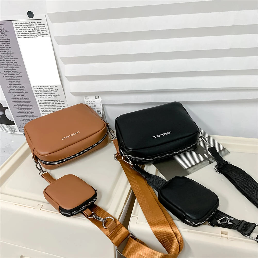 Leather Crossbody Bags Camera Headphone Pouch Solid Wide Strap