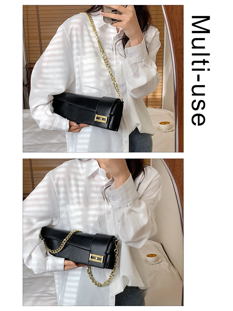 Leather Solid Handbags Women Shopper Underarm Bag Golden Chain