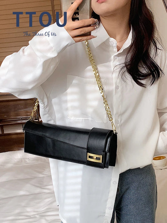 Leather Solid Handbags Women Shopper Underarm Bag Golden Chain