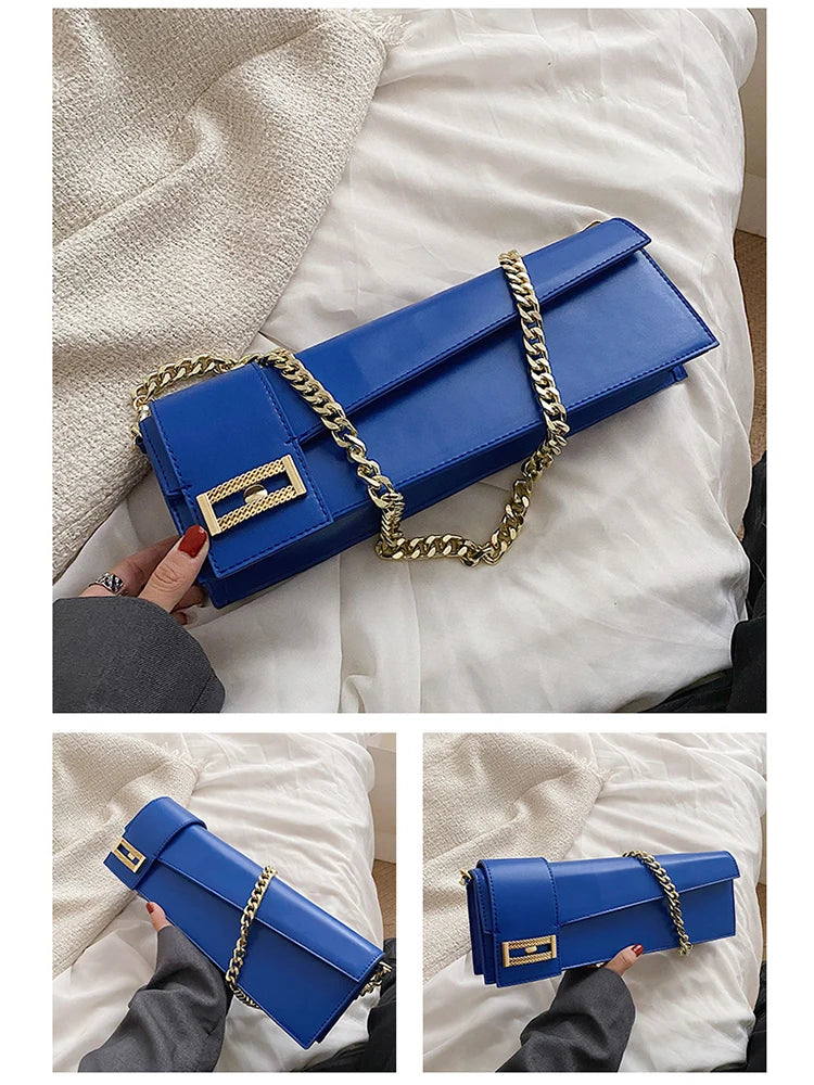 Leather Solid Handbags Women Shopper Underarm Bag Golden Chain