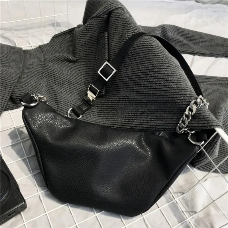 Leather Waist Fanny Pack Chest Bag with Metal Chain