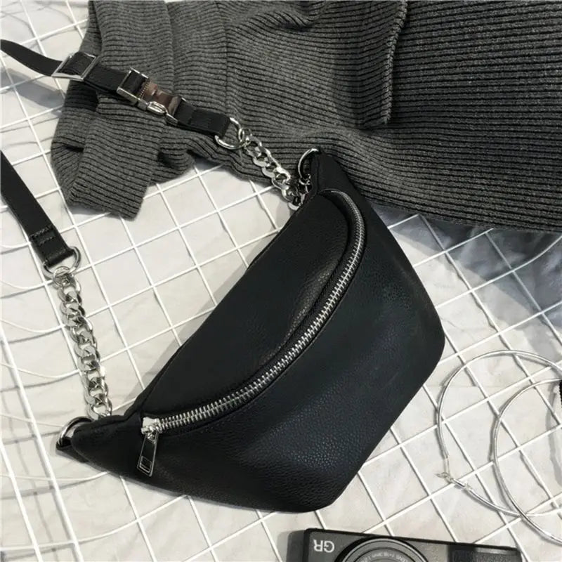Leather Waist Fanny Pack Chest Bag with Metal Chain