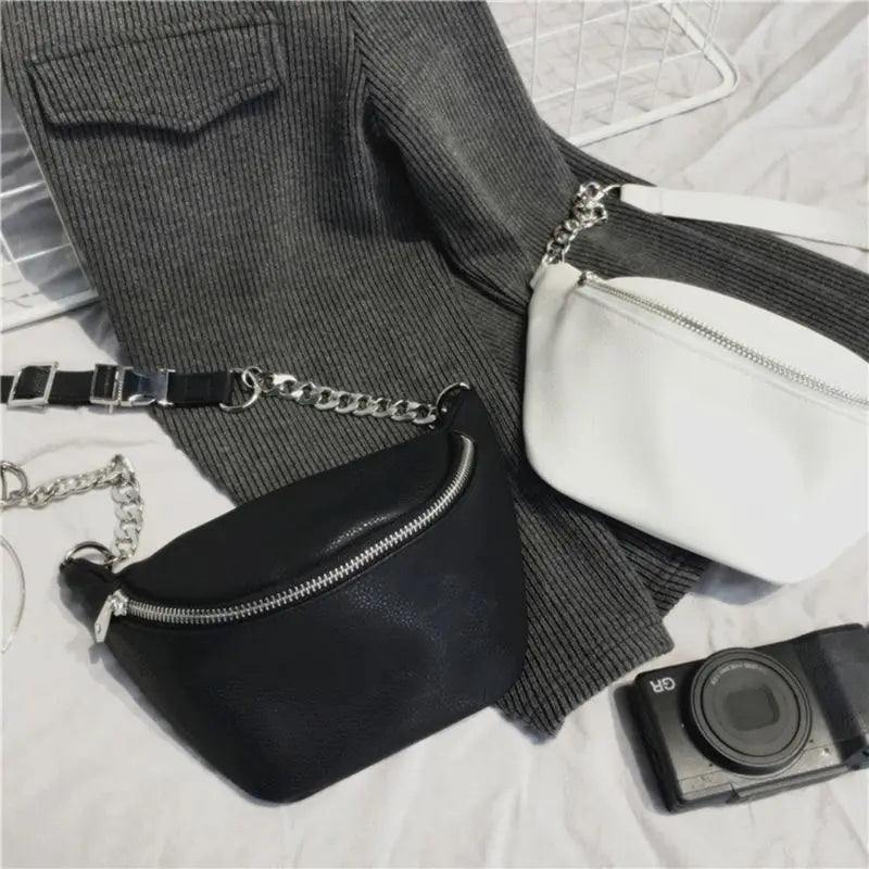 Leather Waist Fanny Pack Chest Bag with Chain for Women