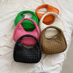 Green Leather Woven Shoulder Bag Soft Lady Handbag