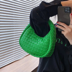 Green Leather Woven Shoulder Bag Soft Lady Handbag