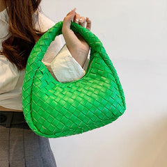 Green Leather Woven Shoulder Bag Soft Lady Handbag