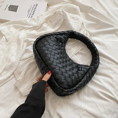 Green Leather Woven Shoulder Bag Soft Lady Handbag