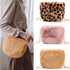 Leopard Pattern Handbags Fluffy Plush Shoulder Bags Vintage Messenger Bag