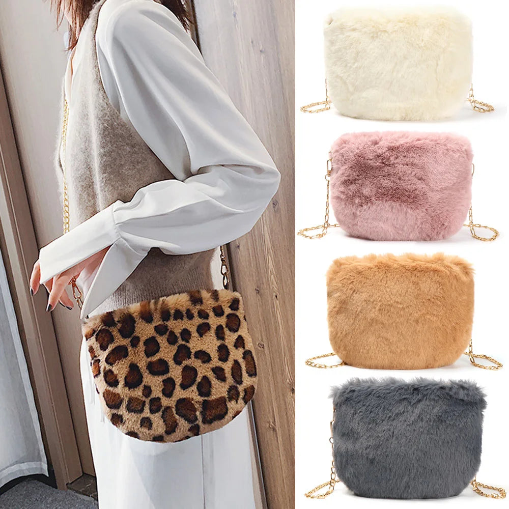 Leopard Pattern Handbags Fluffy Plush Shoulder Bags Vintage Messenger Bag