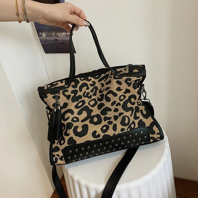 Leopard Rivet Tote Bag Women's Handbag Crossbody Purse