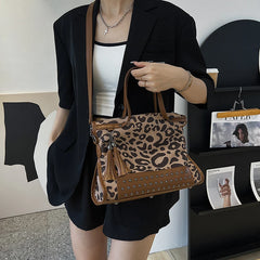 Leopard Rivet Tote Bag Women's Handbag Crossbody Purse