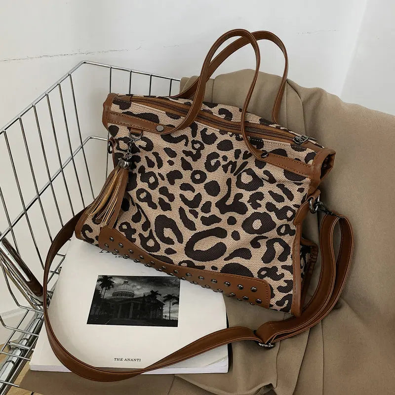 Leopard Rivet Tote Bag Women's Handbag Crossbody Purse