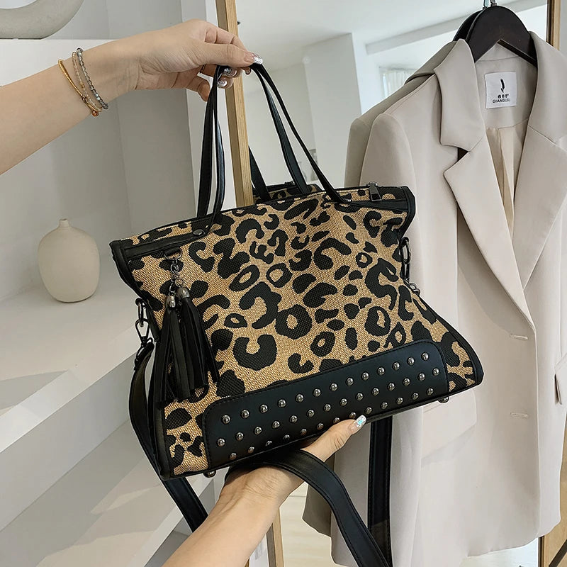 Leopard Shoulder Bag Retro Rivet Handbags Crossbody Bag