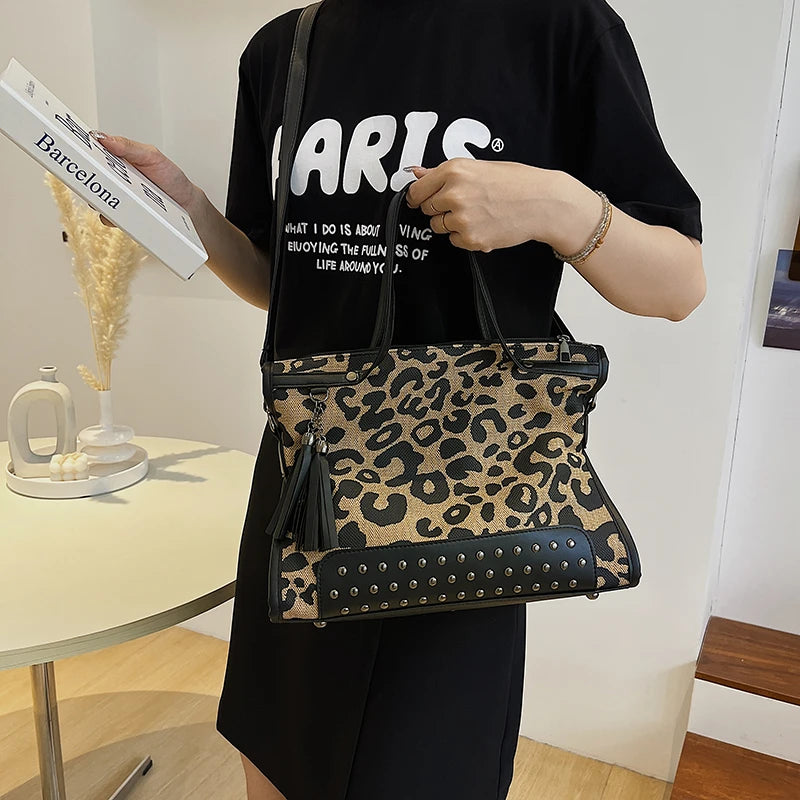 Leopard Shoulder Bag Retro Rivet Handbags Crossbody Bag