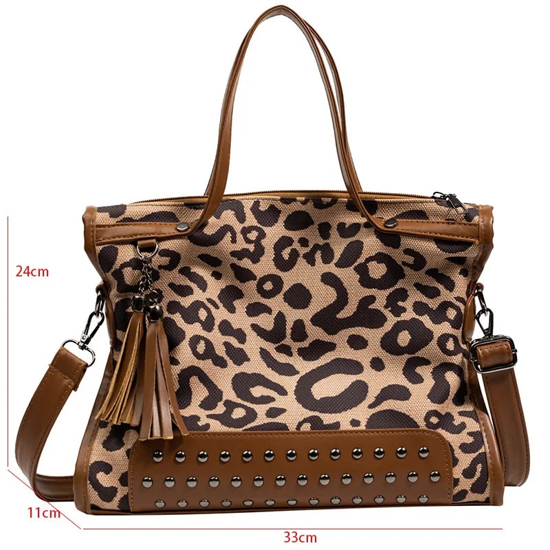 Leopard Shoulder Bag Retro Rivet Handbags Crossbody Bag