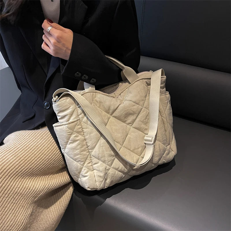 Lingge Quilted Nylon Padded Shoulder Bags Casual Down Cotton