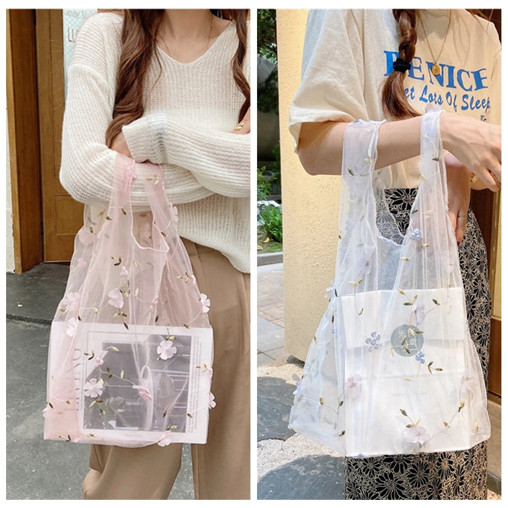 Women Small Flower Daisy Embroidery Handbag Organza Tote Lace Shoppi