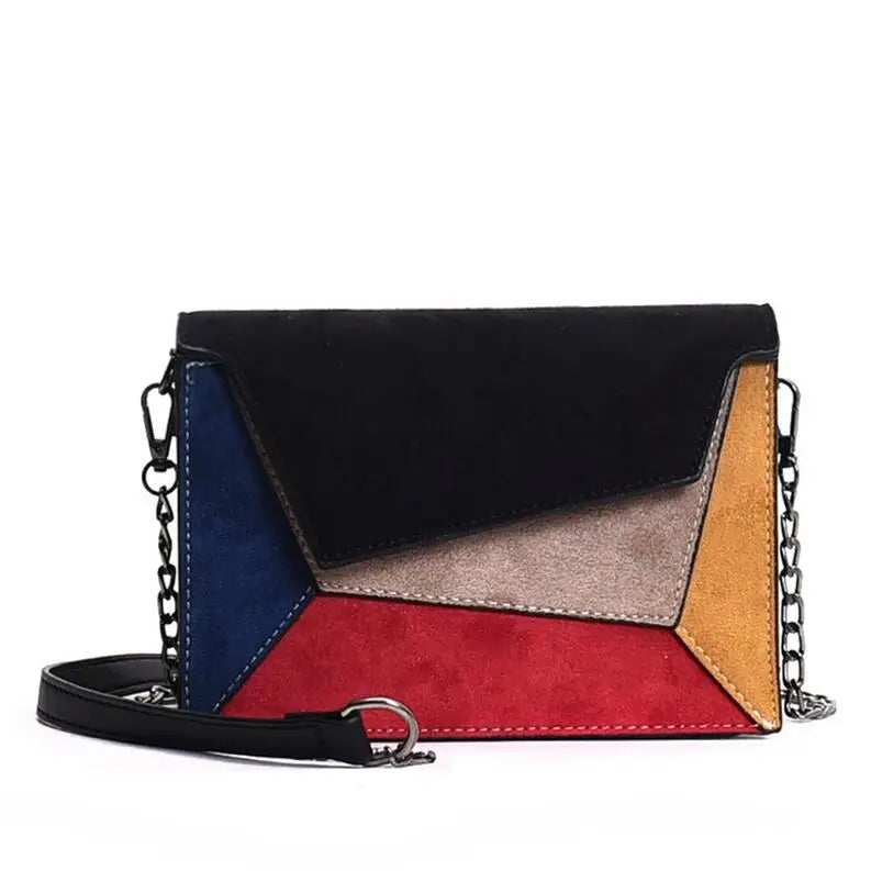 PU Leather Patchwork Messenger Bag Chain Strap Small Shoulder Bag