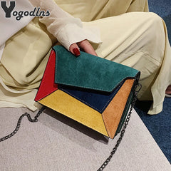 PU Leather Patchwork Messenger Bag Chain Strap Small Shoulder Bag
