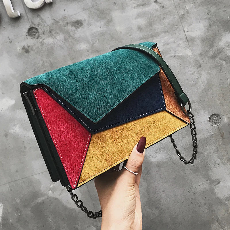 PU Leather Patchwork Messenger Bag Chain Strap Small Shoulder Bag