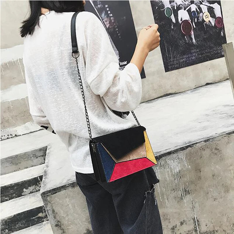 PU Leather Patchwork Messenger Bag Chain Strap Small Shoulder Bag