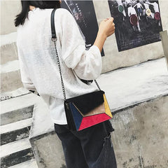 PU Leather Patchwork Messenger Bag Chain Strap Small Shoulder Bag