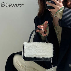 Plush PU Top Handle Bag for Women Chain Shoulder Crossbody Messenger Bag