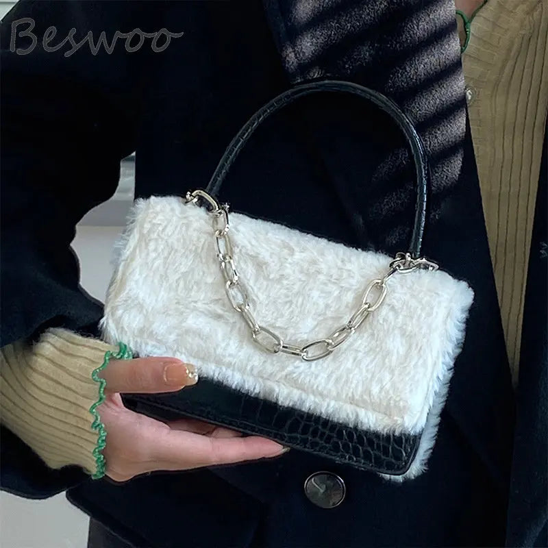 Plush PU Top Handle Bag for Women Chain Shoulder Crossbody Messenger Bag
