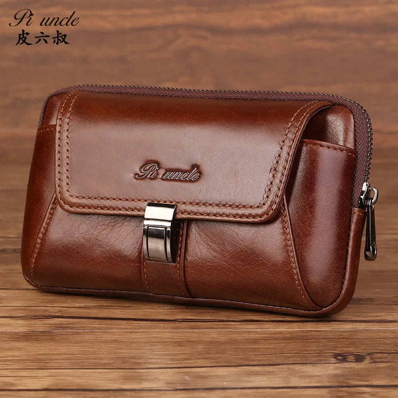 Men's Small Leather Fanny Pack Vertical Multi-functional Mini Vintage Cowhide