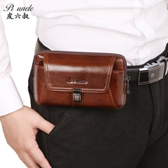 Men's Small Leather Fanny Pack Vertical Multi-functional Mini Vintage Cowhide
