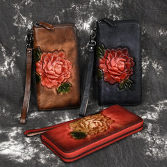 Long Leather Flower Clutch Wallets for Men Women