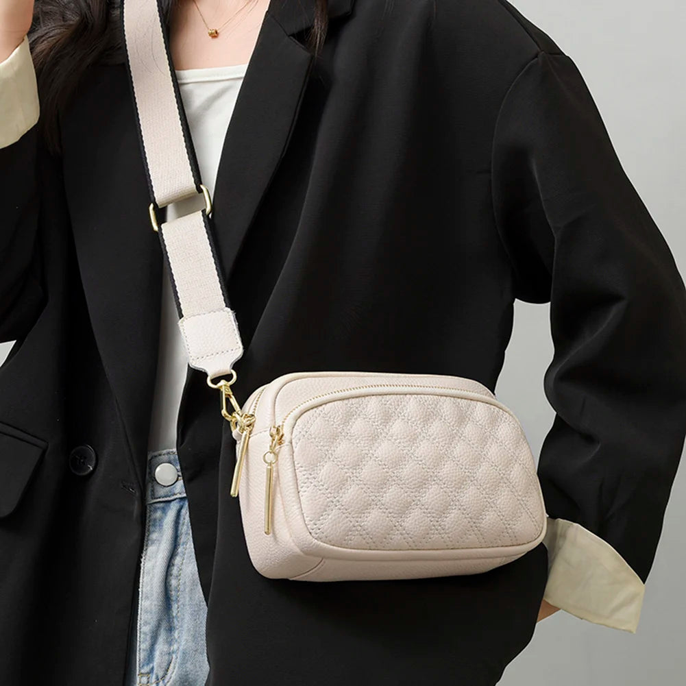 Cowhide Leather Messenger Handbag Wide Strap Rhombus Pattern Solid Satchel