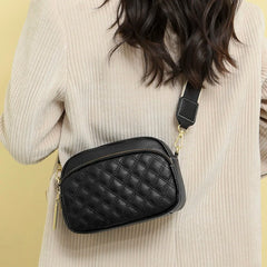 Cowhide Leather Messenger Handbag Wide Strap Rhombus Pattern Solid Satchel