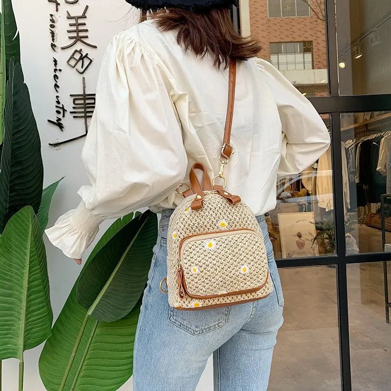 Straw Woven Mini Backpack for Girls Women's Summer Bag