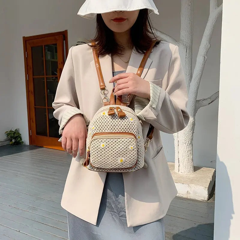 Straw Woven Mini Backpack for Girls Women's Summer Bag
