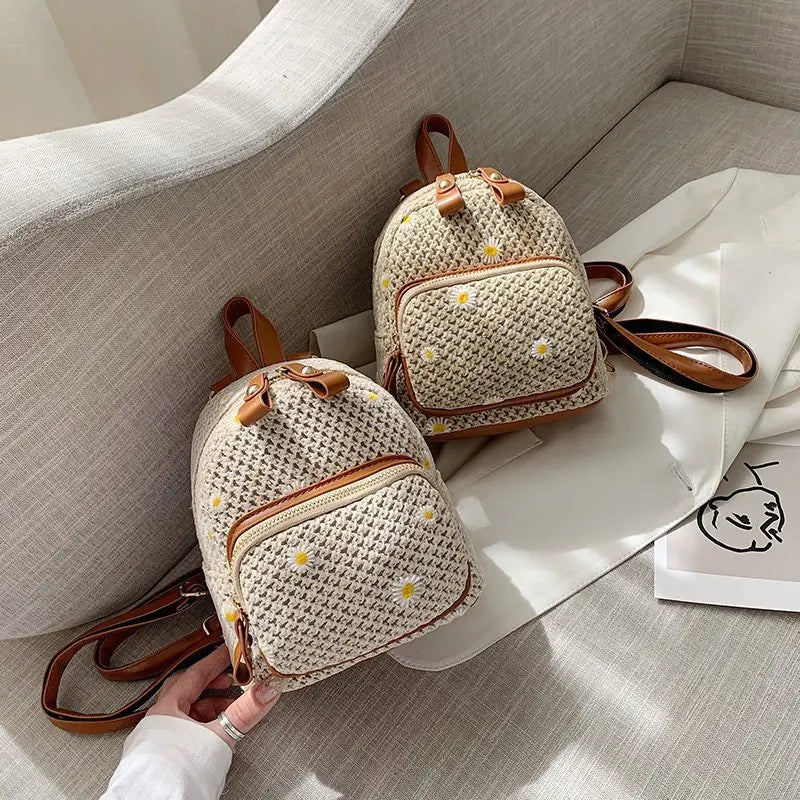 Straw Woven Mini Backpack for Girls Women's Summer Bag