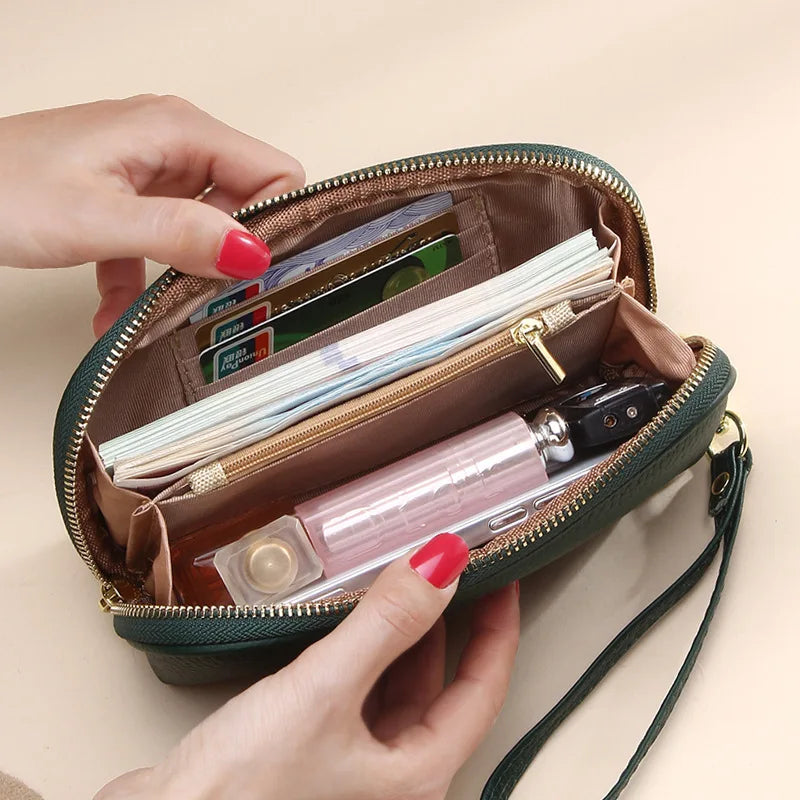 Cow Leather Clutches Ladies Shell Zipper Phone Bag