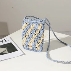 Mini Straw Woven Shoulder Bags Women Flower Stitching Mobile Phone Bag