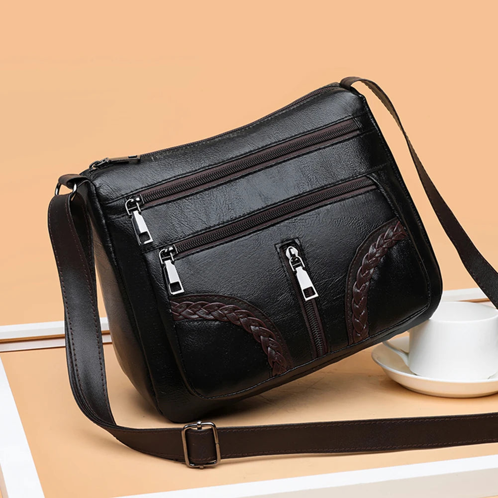 Mother Braided PU Leather Shoulder Messenger Bag Multi-Pocket Handbag