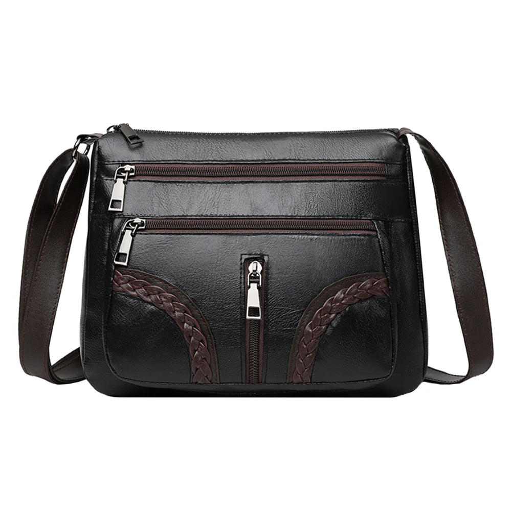 Mother Braided PU Leather Shoulder Messenger Bag Multi-Pocket Handbag