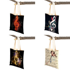 Music Note Tote Handbag Guitar Microphone Violin Reusable Canvas Shopping Bag