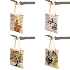 Music Note Tote Handbag Guitar Microphone Violin Reusable Canvas Shopping Bag