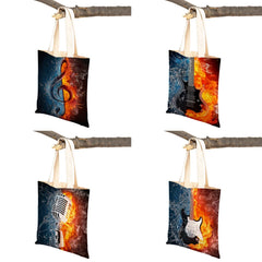 Music Note Tote Handbag Guitar Microphone Violin Reusable Canvas Shopping Bag